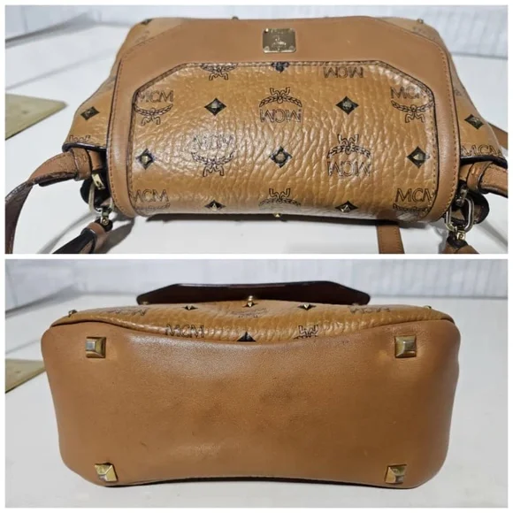 Authentic MCM Visetos Studded Crossbody Flap Messenger Cognac